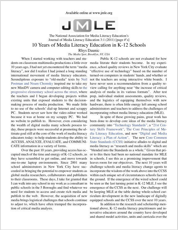 TMS + 10 Years of Media Literacy Education in the Journal of Media Literacy&nbsp;Ed.